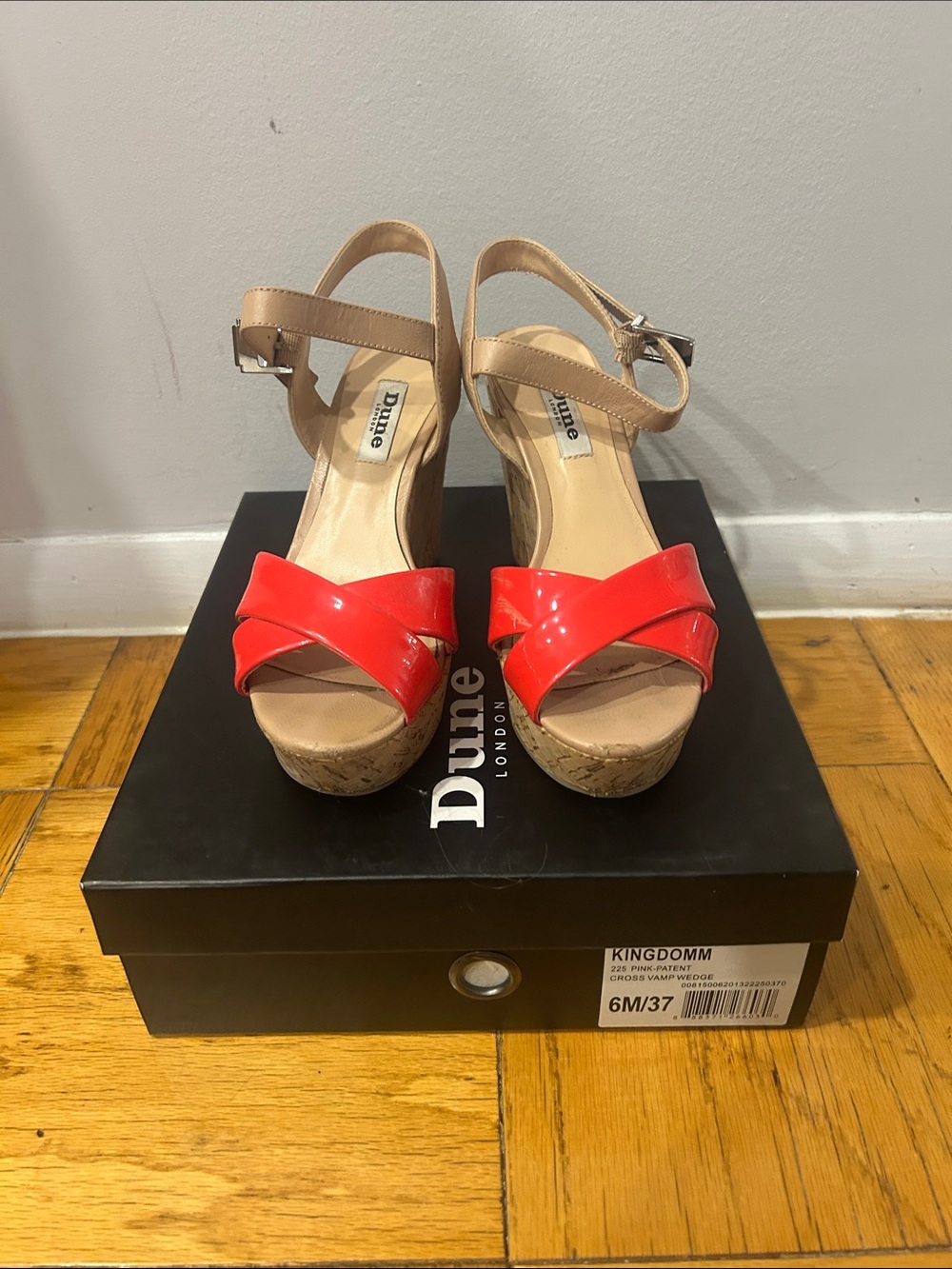 Dune London Coral Patent and Tan Cork Wedge Sandals